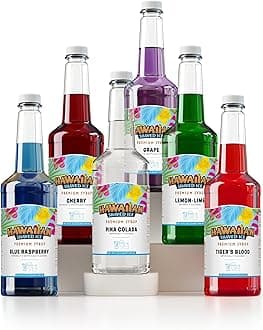 Hawaiian Shaved Ice 6 Syrup Assortment, Cherry, Grape, Blue Raspberry, Tiger's Blood, Lemon-Lime, Pina Colada, 90+ Servings, No Refrigeration, 32 oz bottles
