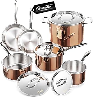 Copper Pots and Pans Set Tri-ply Cookware Set 10 Piece, 18/10 Stainless Steel Pot and Pan Set with Stainless Steel Lid, More Nutritious, Include Stock Pot, Saucepan, Fry Pan
