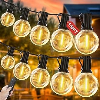 Yuucio Outdoor String Lights Dimmable 150FT, 45M LED Festoon Lights with Remote Control Mains Powered with 75+2 Shatterproof G40 Plastic Bulbs, Waterproof Garden Light for Garden,Patio,Gazebo