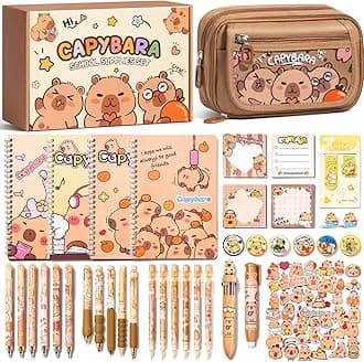 Kid School Supplies for Girl Age 5 6 7 8-12 13 14 Year Old, 36PCS Kawaii Tween Teen Girl Birthday Easter Gift Cute Capybara Stationery Set w/Pencil Case Gel Pen Pencil Sticker Notebook Sticky Note
