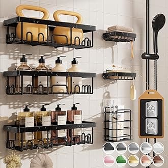 Veken Adhesive Shower Caddy 6-Pack, Large Capacity Bathroom Organizers and Storage, Rustproof Shelves Rack with Soap Holder, No Drilling Wall-Mounted Kitchen & Home Decor, Bath Decor&Essentials, Black