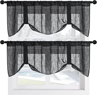 Home Queen Adjustable Burlap Tie Up Valances, Semi Sheer Faux Linen Balloon Valences for Office and Living Room, Set of 2, W 54" X L 20", Black