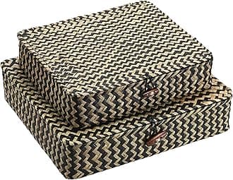Hipiwe Woven Storage Basket with lid - Flat Wicker Storage Baskets Bins Natural Seagrass Storage Baskets Box for Shelf Home Decor, Set of 2, Blacks Strips
