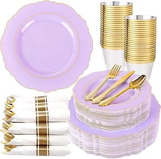 Liacere 350PCS Purple Plastic Plates - Disposable Lavender Plates 50guest Plastic Dinnerware include 100Light purple Plates,50Pack Pre Rolled Napkins Silverware 50Cups for Easter Day