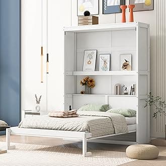 Full Size Murphy Bed Wall Beds with Storage Shelves,Hide Away Bed Frame Easily Folds into Wood Cabinet,W/Mattress Holder,for Small Space,Guest Room,Apartment,White