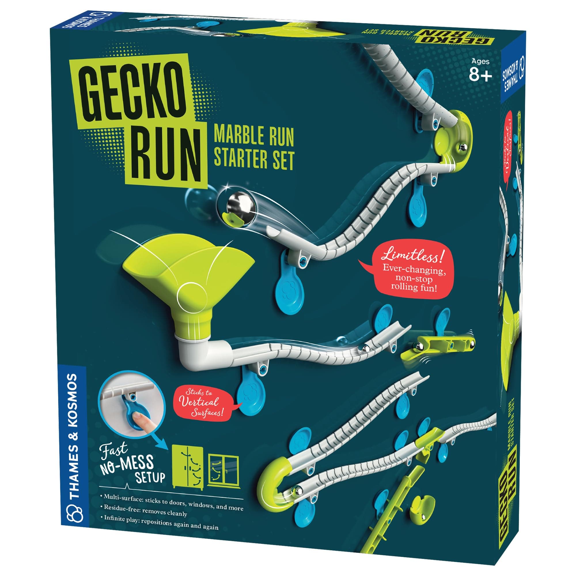 Gecko Run Marble Run Starter Set – 63 Piece Vertical Marble Run Toy with Flexible Tracks | Fast, No-Mess Setup with Residue-Free Nano-Adhesive Pads for Hours of Creative Play