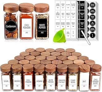 Churboro 48 Spice Jars with 547 Labels and Shaker Lids - Glass - 4 Oz Square Containers with Acacia Wood Lids, Chalk Pen, Funnel Seasoning Jars for Spice Rack, Cabinet, or Drawer