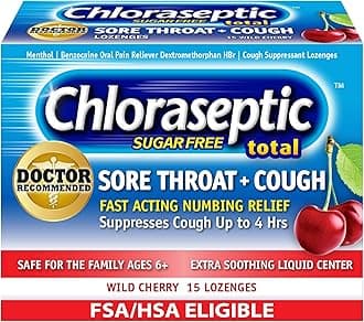 Chloraseptic Sugar-Free Total Sore Throat & Cough Lozenges, Wild Cherry, Cough Drops with Liquid Center to Numb Sore Throat for Up to 4 Hours, 15 Count