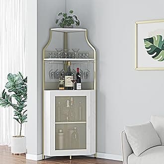 Corner Wine Cabinet with Detachable Wine Rack, 5-Tier Industrial Corner Bar Cabinet with Barn Door and Glass Holder, Farmhouse Buffet Cabinet and Home Bar, Gold