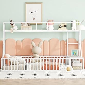 Twin Toddler Floor Bed, Metal Montessori Floor Bed with Fence Kids Bedframe with Desk and Storage for Kids Boys Girls, No Box Spring Needed, Easy Assemble (Off White, Twin)