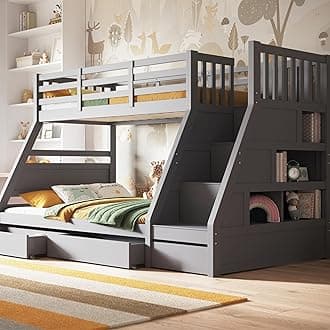 – Triple Bunk Beds for Kids, Bunk Bed with Storage, Heavy Duty and Sturdy, Cosy, Stylish, Space-Saving Design (Grey)