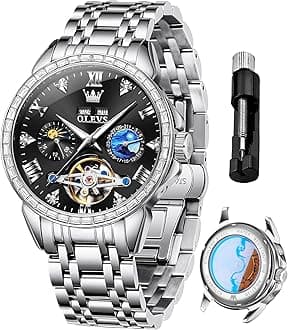 OLEVSMens Luxury Skeleton Automatic Watch Diamond Self Winding Mechanical Timepiece Gifts Luminous Waterproof