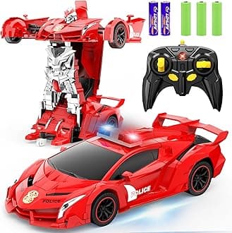 Transform Remote Control Car Robot, One Button Deformation to Robot with Flashing Light, 2.4Ghz 1:18 Scale Transforming Police Car Kids Toys with 360 Degree Rotating Drifting, Toys for Boys Girls