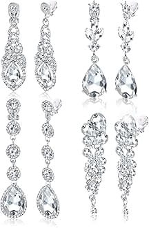Jstyle 4 Pairs Silver Clip on Earrings for Women Elegant Rhinestone Clip on Earrings Dangle Drop for Brides Bridesmaids Non Pierced Earrings Set