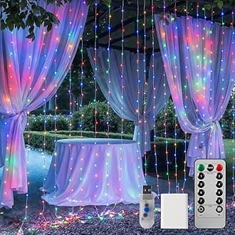 Brightown 300 LED Curtain String Lights, 9.8 FT Hanging Fairy Lights with Remote, 8 Modes, Waterproof Window Lights for Bedroom Backdrop Wedding Outdoor Christmas Decoration, Multicolor