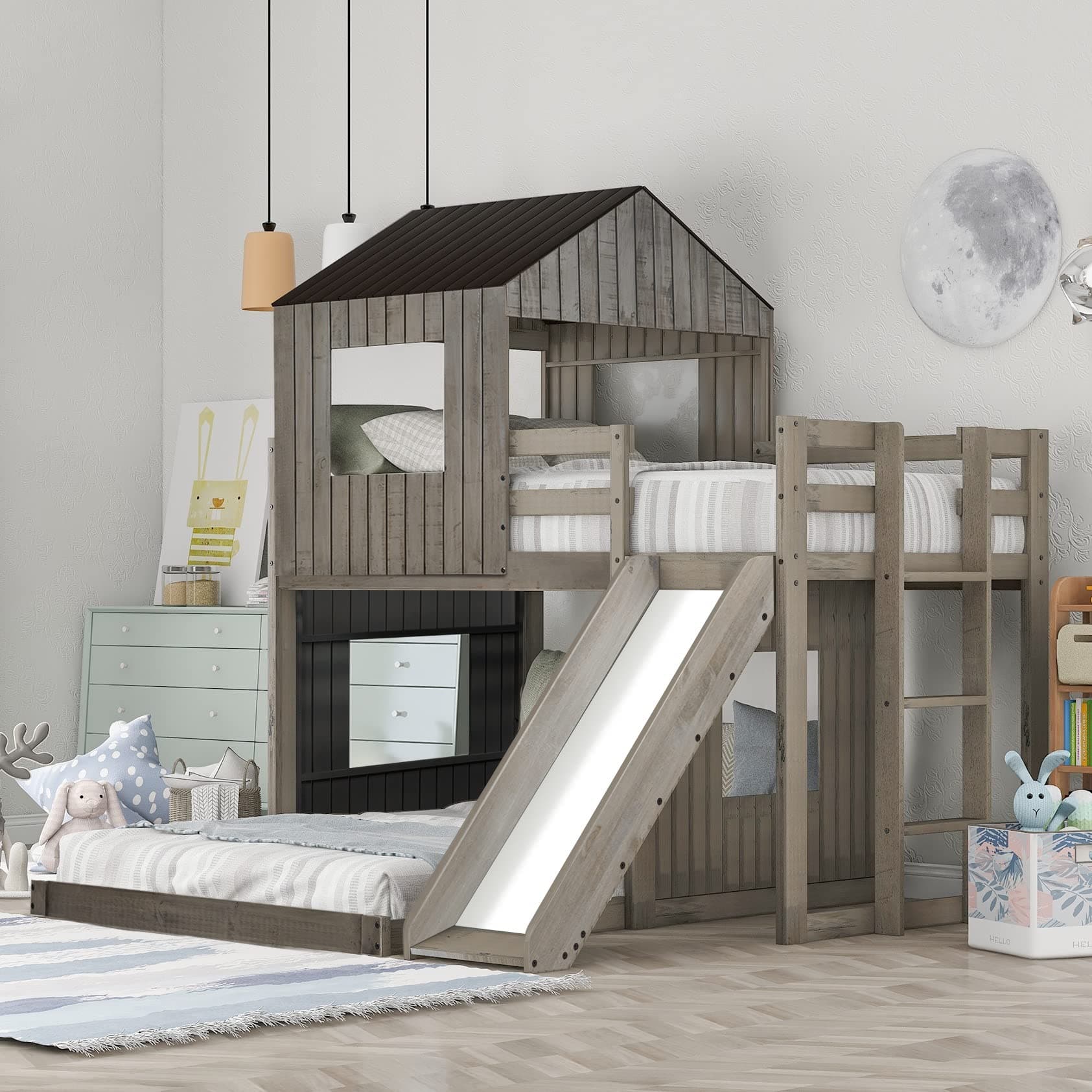 Merax Twin Over Full Bunk Bed Frames Loft Bed with Slide, House Roof, Window and Safety Guardrails for Teens, Boys or Girls