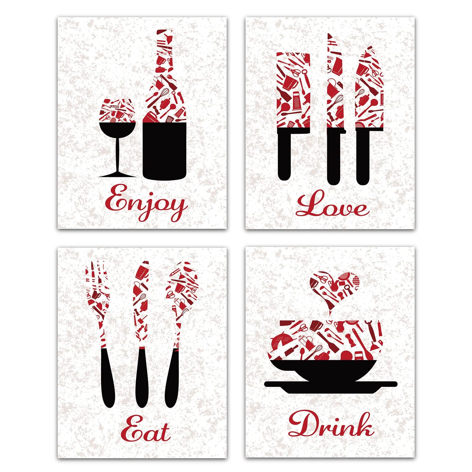 CREATCABIN Unframed Canvas Prints Kitchen Kitchenware Red Art Prints Posters Wall Art Decorations Enjoy Love Eat Drink Set Of 4 for Kitchen Restaurant Cafe Bar house Decor 8 x 10inch