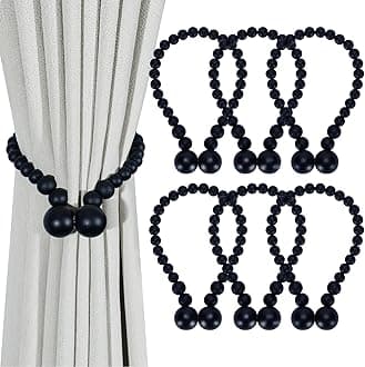 KLOGTSIND Magnetic Curtain Tiebacks, Curtain Tie Backs for Curtains 6 Pack, Wood Bead Curtain Tiebacks, Curtain Holders for Boho Bedroom Decor, Baby Nursery Decor, Farmhouse Decor