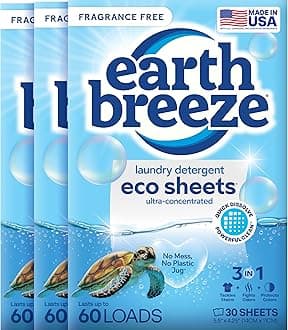 Earth Breeze Laundry Detergent Sheets Fragrance-Free - 180 Loads Eco Liquidless Soap - Travel-Friendly for Hot & Cold Cycles, Tackles Tough Stains & Odors - Gentle on Sensitive Skin, 90 Ct (3 Pack)