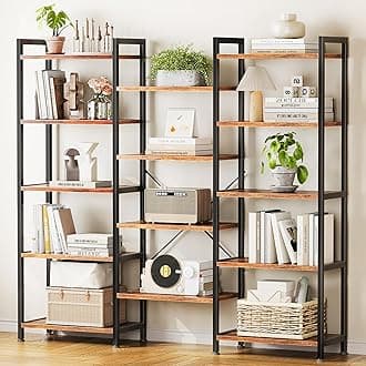 Triple 5 Tier Bookshelf, Large Bookcase with 14 Open Display Shelves, Modern Industrial Book Shelves Book Case for Bedroom, Wide Standing Shelving Unit for Living Room Home Office, Vintage