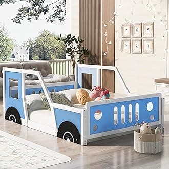 Full Size Wood Floor Bed Frame with Headboard & Footboard and 4 Side Rails, Kids Bed in Car-Shaped for Boys Girls Teens, Race car Montessori Bed for Boys, Girls, Blue