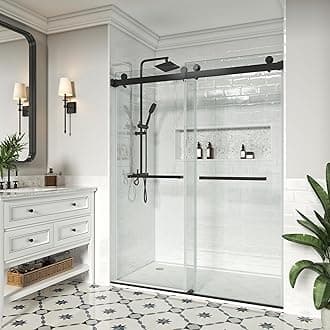 Shower Door, 56-61" W x 76" H, SGCC-Certified 3/8" (10mm) Clear Tempered Glass, Frameless Double Sliding Shower Door, Stainless Steel, Matte Black Finish