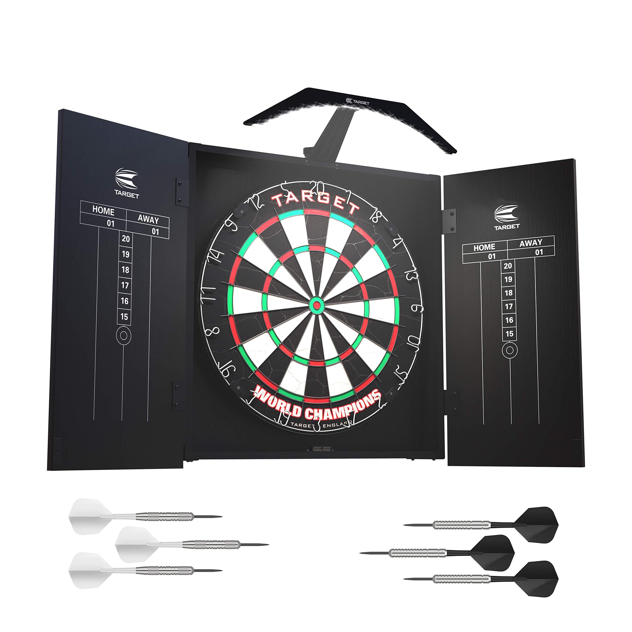 Target Darts Arc Dartboard Lighting System Home Cabinet Set - Includes World Champions Dartboard and 2 Sets of Darts, Black
