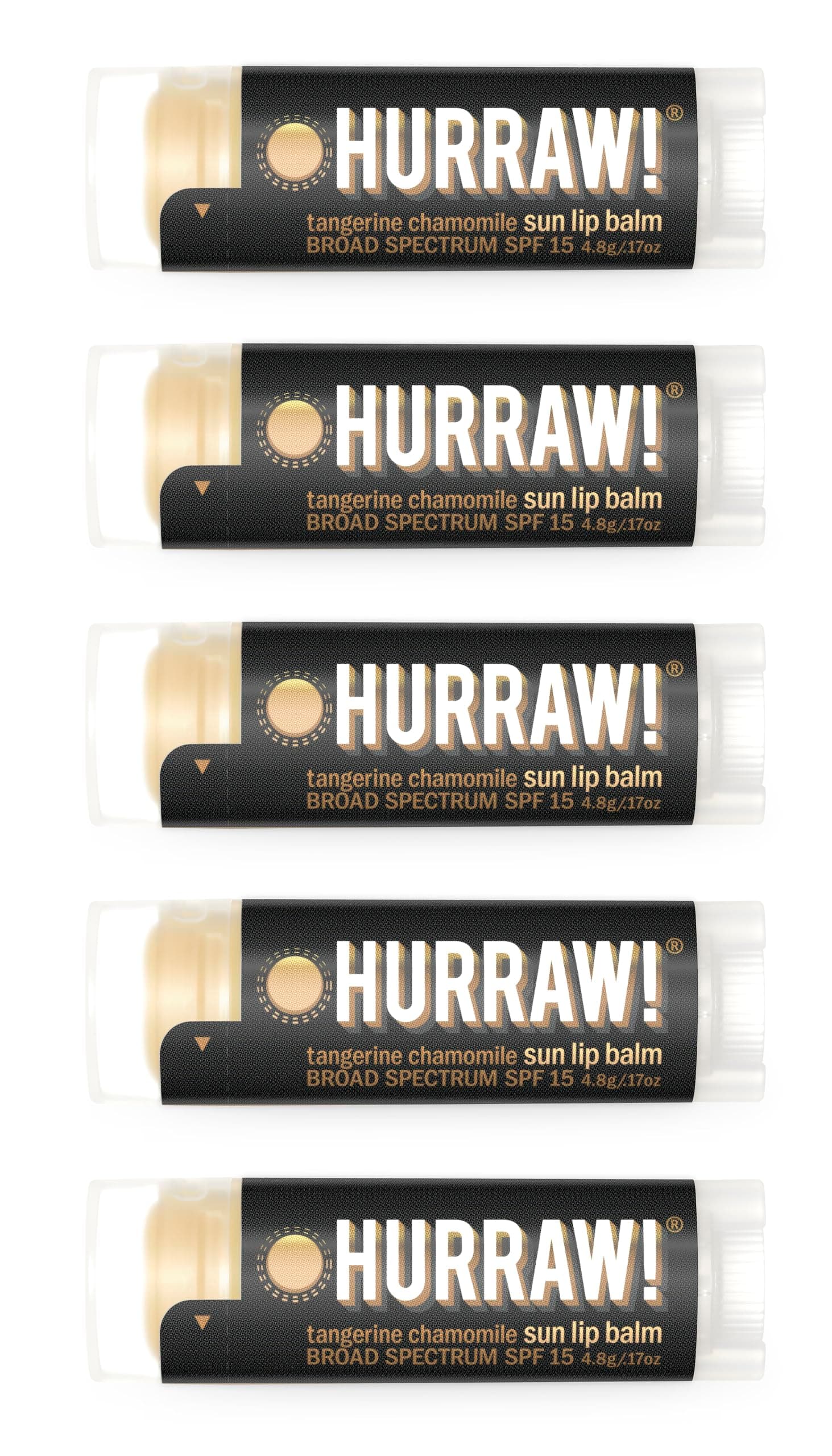 Sun Lip Balm (Zinc Oxide Protection, Broad Spectrum SPF 15, Tangerine, Chamomile), 5 Pack: Organic, Certified Vegan, Gluten Free. Non-GMO, All-Natural. Bee, Shea, Soy & Palm Free. Made in USA