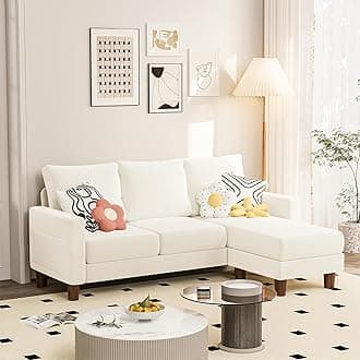 JUMMICO Couch for Small Living Room, 72" Small Sofa with Reversible Ottoman, 3 Seat L-Shaped Sofas, Comfy Couches for Apartment (Corduroy, Cream)