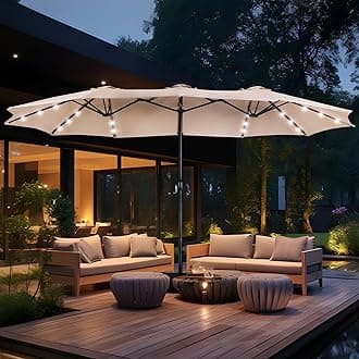 MFSTUDIO 15ft Double Sided Patio Umbrella with Solar Lights, Outdoor Large Umbrellas with Crank Handle and 36 LED Lights, Rectangular Market Umbrella with Base Included for Deck Pool Shade, Beige