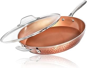 14 Inch Nonstick Fry Pan with Lid – Hammered Copper Collection, Premium Aluminum Cookware with Stainless Steel Handles Dishwasher and Oven Safe