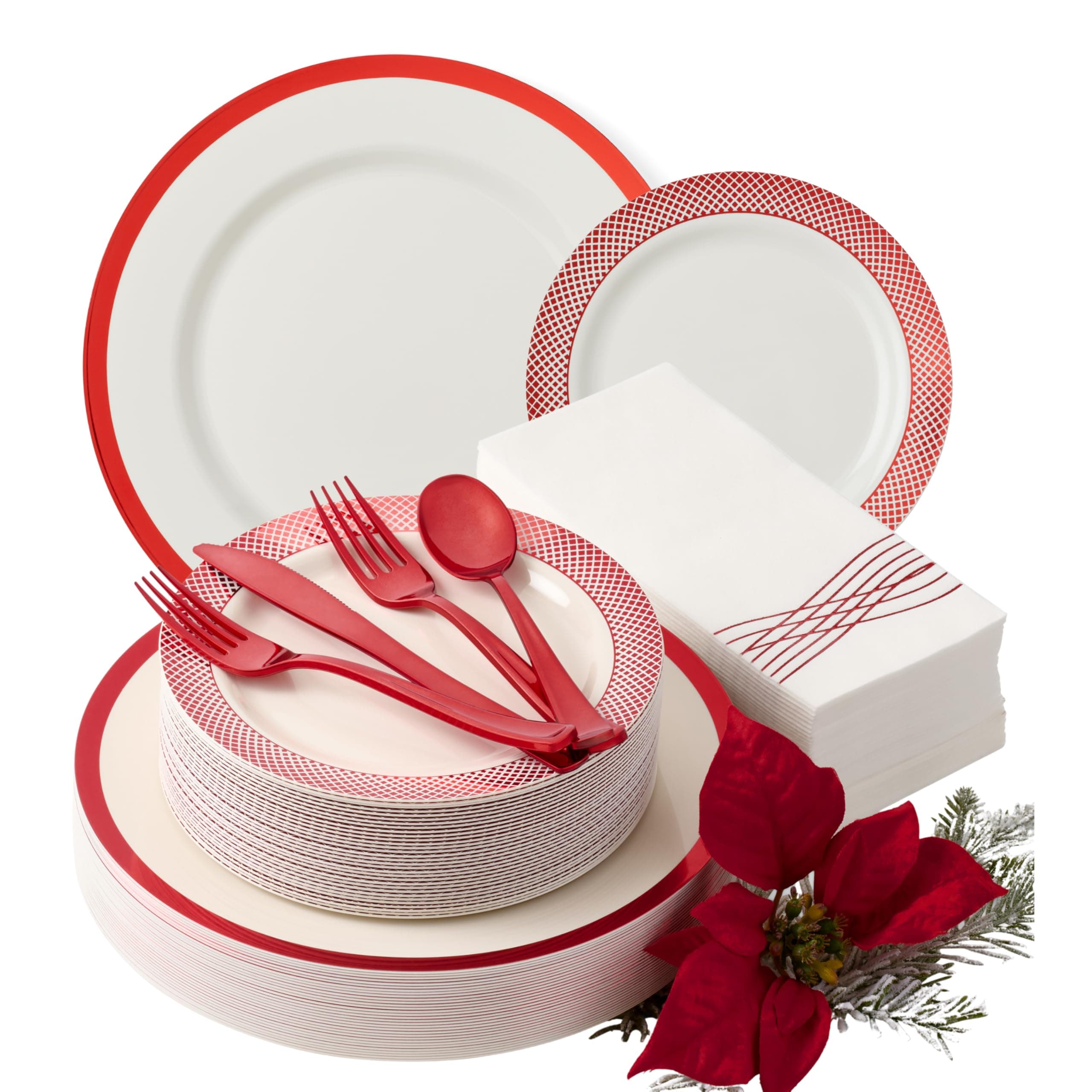 By Madee HEAVYWEIGHT 175 Pc Christmas Dinnerware Set | White and Red Plastic Plates | Holiday Plates Disposable. Silverware & Napkins | Elegant & Fancy | Host Beautifully (25 Guests)