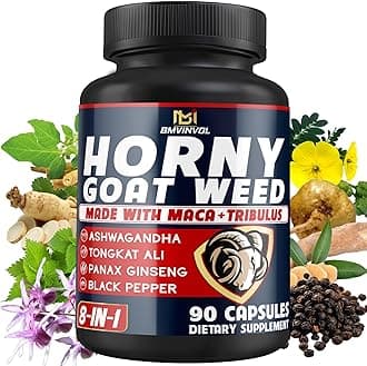 BMVINVOL Horny Goat Weed for Men - Extra Strength Supplement with Maca, Ginseng, Tribulus Terrestris, Ashwagandha - 90 Capsules