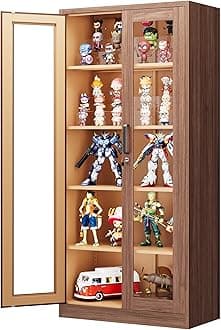 Display Storage Cabinet with Glass Door, 71 Inches Curio Cabinet with 4 Adjustable Shelves, Locking Glass Display Case for Home, Office, Clinic, Pantry, Assemble Required (Wood Color)