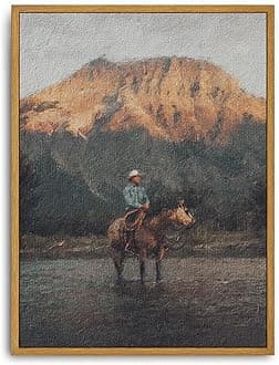 Roslynity Framed Canvas Wall Art Vintage Print Oil Paintings Western Cowboy Mid Century Antique Moody Retro Aesthetic Artwork for Home Living Room Bathroom Bedroom Wall Decor (12"x16")