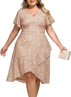 Women's Formal Eveing Dress V Neck A-line High Low Sequin Plus Size Christmas Cocktail Party Dresses