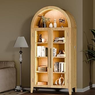 Arch Storage Cabinet with Tempered Glass Door, 71” Arched Display Floor Cabinet, 5 Tier Farmhouse Buffet with Storage for Dining Room, Living Room, Home Office or Kitchen (Oak)
