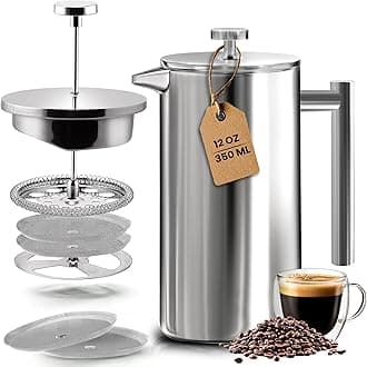 KICHLY Cafetiere 2 Cups Stainless Steel French Press Coffee Maker, Coffee Press with 3 Level Filtration System - Double Walled Insulated Caffettiere with 1 Extra Filter - 350ml / 12Oz - Silver
