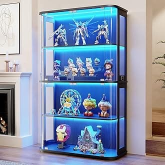 Large Rounded Display Cabinet with Glass Door, 4-Tier Curio Cabinet with 3 Color Lights for Collectibles, Glass Display Case with Transparent Full-Display Surface, Human Body Sensor, Black