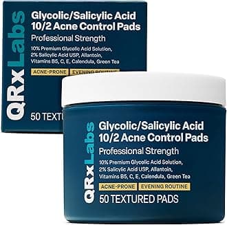 QRxLabs Glycolic/Salicylic Acid 10/2 Acne Control Pads with 10% Ultra Pure Glycolic Acid + 2% Salicylic Acid USP, Allantoin, Vitamins B5, C & E, Calendula & Green Tea - Helps Clear Up and Control Acne