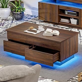 HOMMPA LED Coffee Table with Lift Top Morden Coffee Table with Storage High Gloss Walnut Sofa Table for Living Room Center Tables Hidden Compartment & 2 Drawers