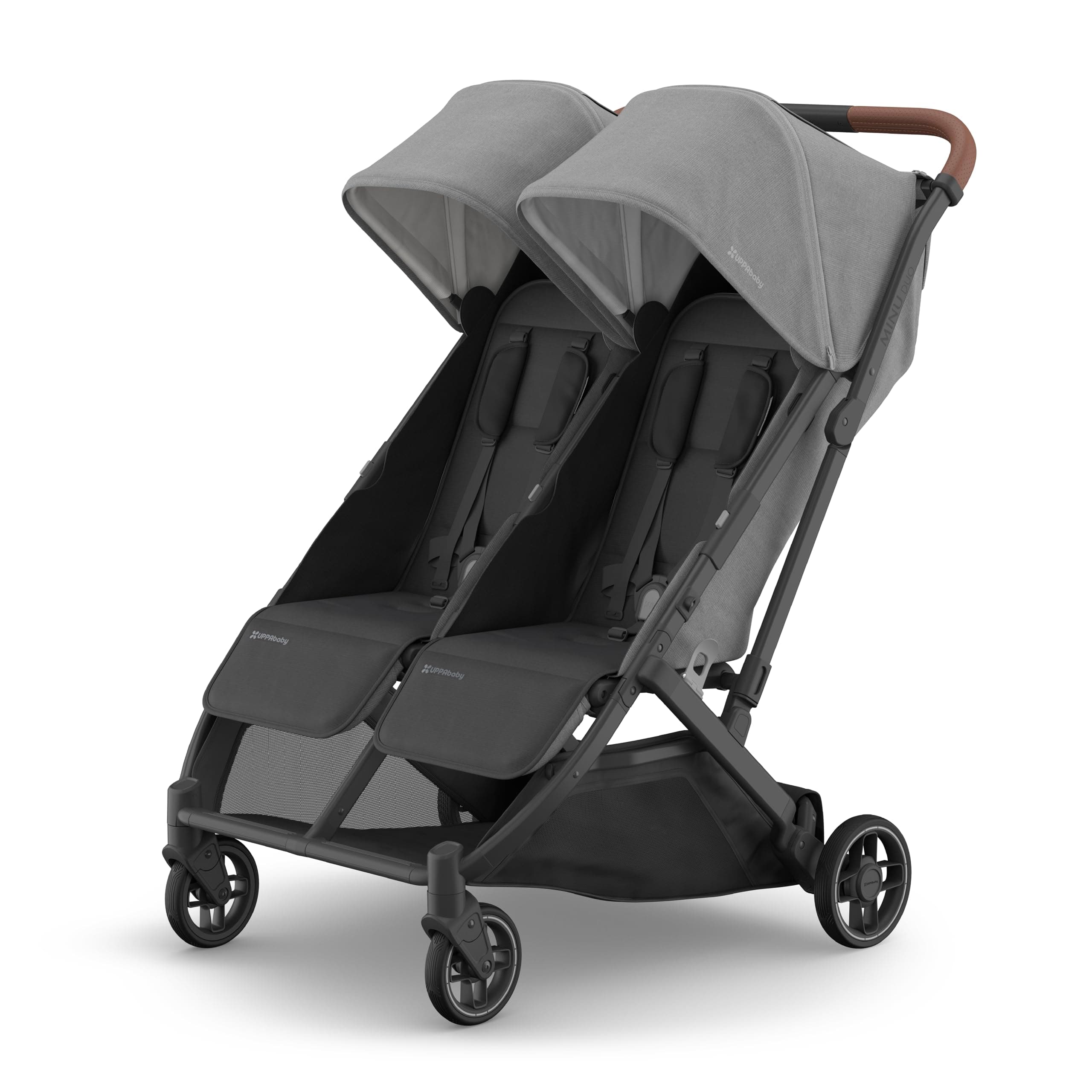 UPPAbaby Minu Duo Side-by-Side Double Stroller - Lightweight + Compact Design for Travel - Easy Fold- From Birth to Toddler - Independent Recline -Greyson(Charcoal Mélange/Carbon Frame/Saddle Leather)