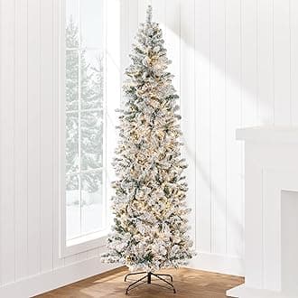 Best Choice Products Flocked Pencil Christmas Tree, Pre-Lit Slim Artificial Holiday Decoration, 4.5ft Lighted Skinny w/Base, Warm White Lights
