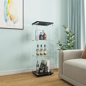 One-Door Glass Display Cabinet, Black Curio Cabinets for Living Room, Bedroom, Office, Collection Display, Quick Installation in 30 Mins, 3 Shelves Black Floor Standing Glass Bookshelf