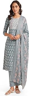 MIRCHI FASHIONWomen's Designer Straight Fit Cotton Printed and Embellished Kurta Set with Trouser Pant and Dupatta