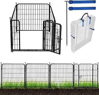 ADAVIN Metal Garden Fence with Gate 48in(H) x 9FT(L) 4 Panels, Tall Animal Barrier Fence, Black Heavy Duty Iron Metal Fencing Border,Indoor&Outdoor Dog Playpen, No Dig Fencing for Yard