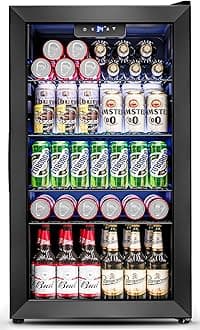 Feelfunn 3.2 Cu.Ft Mini Fridge with Glass Door - 126 Can Beverage Refrigerator Cooler for Drink Beer Wine Soda, Small Fridge for Bedroom Office Bar Dorm, 4 Adjustable Shelves, Black