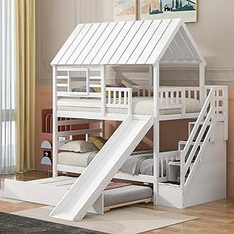 Twin Over Twin House Bunk Bed, Wooden Bed Frame with Trundle and Slide, Storage Staircase, Roof and Window Design, White