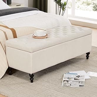 Ottoman with Storage,50.2-inch Upholstered End of Bed Storage Bench for Bedroom,for The Living Room,for Entryway, with Button and Safety Hinges,Detachable (White)