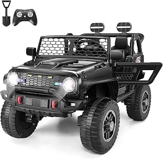 Hikole 24V Ride on Car, w/Remote Control, 4 * 100W Power Electric SUV, Wide Seat for 2 Kids, Ride on Toys for Boys&Girls, Spring Suspension, Colorful Lights, Shovel, Music&Horn, Easier Towing, Black